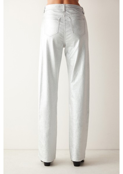 Silver Yüksek Bel Metalik Straight Fit Pantolon indirimleri