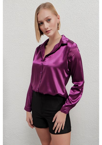 Kadın Mor Hafif Dökümlü Saten Yüzeyli Gömlek HZL22W-BD139641