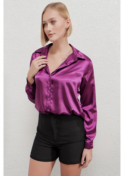 Kadın Mor Hafif Dökümlü Saten Yüzeyli Gömlek HZL22W-BD139641 fiyatları