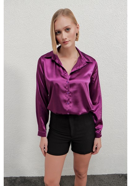 Kadın Mor Hafif Dökümlü Saten Yüzeyli Gömlek HZL22W-BD139641 fırsatları