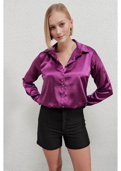 Kadın Mor Hafif Dökümlü Saten Yüzeyli Gömlek HZL22W-BD139641 indirimleri