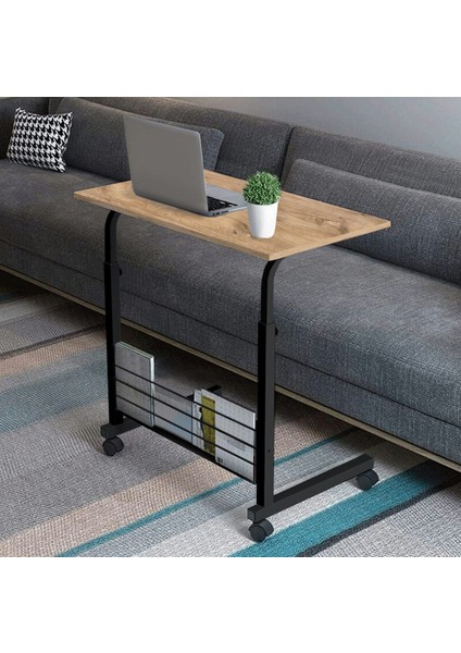 Kitaplıklı ve Yükseklik Ayarlı Laptop Sehpası ve Çalışma Masası - Atlantik Çam (Tekerli) Oval Kenar