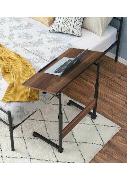 Yükseklik Ayarlı Eğimli ve Katlanabilen Laptop Sehpası - Ceviz (Tekerli) Oval Kenar