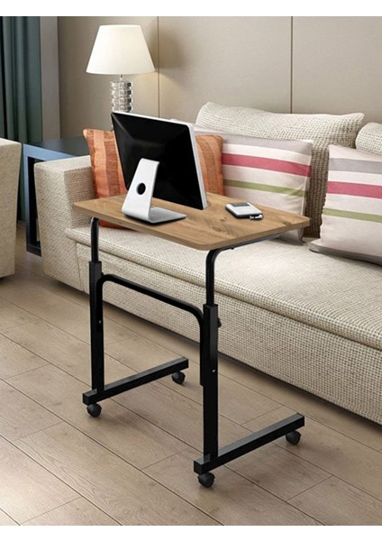 Yükseklik Ayarlı Laptop Sehpası ve Çalışma Masası - Atlantik Çam (Tekerli) 70X40 Oval Kenar