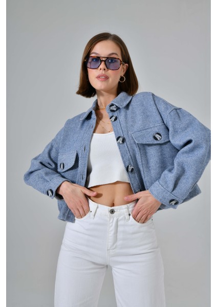 Mavi Kaşe Oversize Cepli Crop Ceket