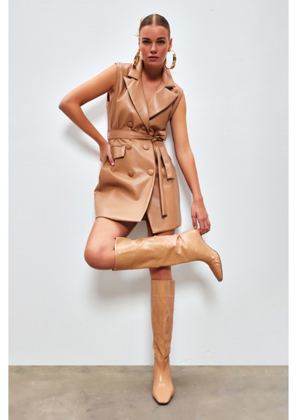 Kuşaklı Deri Yelek Elbise - Fındık indirimleri