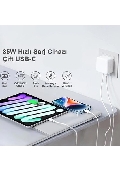 35W Çift usb-C Girişli Ios Android Uyumlu Hızlı Şarj Adaptör Başlık