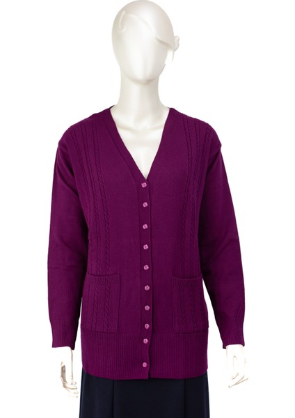 Kadın Örgü Desenli Düğmeli Çift Cepli Uzun Kollu Anne Hırka