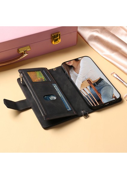 iPhone 15 Pro Max Için Kılıf Kart Tutuculu Cüzdan Kılıf Bilek Askılı Pu Deri Fermuarlı Çanta Kapağı (Yurt Dışından)