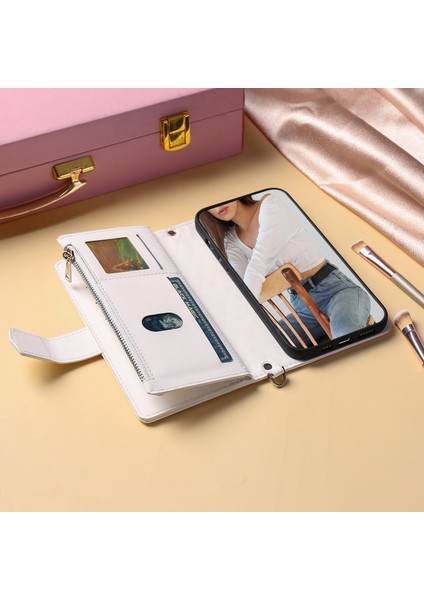 iPhone 12 Pro Max Için Kılıf Kart Tutuculu Cüzdan Kılıf Bilek Askılı Pu Deri Fermuarlı Çanta Kapağı (Yurt Dışından)