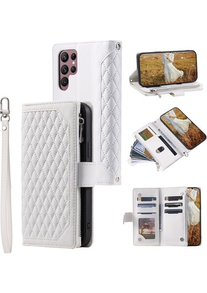 Samsung Galaxy S23 Ultra Için Kılıf Kart Tutuculu Cüzdan Kılıf Bilek Askılı Pu Deri Fermuarlı Çanta Kapağı (Yurt Dışından)