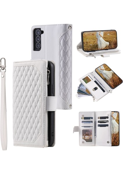 Samsung Galaxy S22 Için Kılıf Kart Tutuculu Cüzdan Kılıf Bilek Askılı Pu Deri Fermuarlı Çanta Kapağı (Yurt Dışından)