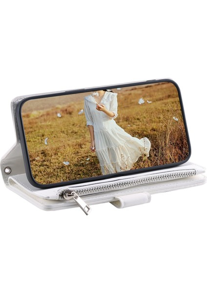 iPhone 15 Için Kılıf Kart Tutuculu Cüzdan Kılıf Bilek Askılı Pu Deri Fermuarlı Çanta Kapağı (Yurt Dışından)
