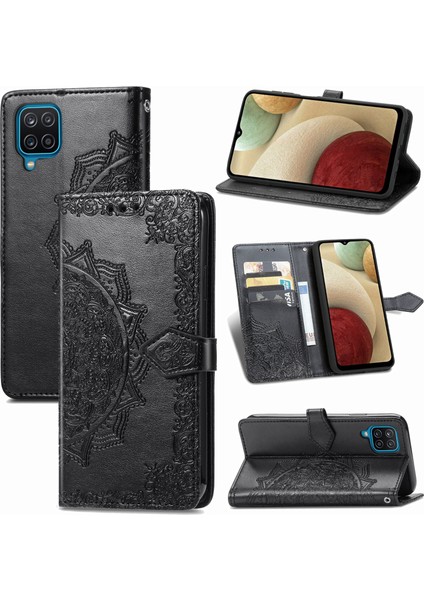 Samsung Galaxy A12 ile Uyumlu El Standı Fonksiyonlu Cüzdan Kabartmalı Pu Deri Kart Tutucu (Yurt Dışından)