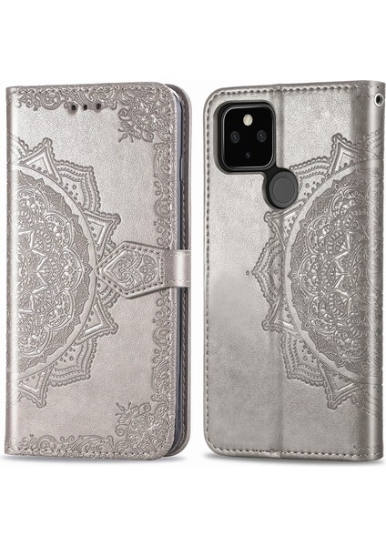Google Pixel 5 ile Uyumlu El Standı Fonksiyonlu Cüzdan Kabartmalı Pu Deri Kart Tutucu (Yurt Dışından)