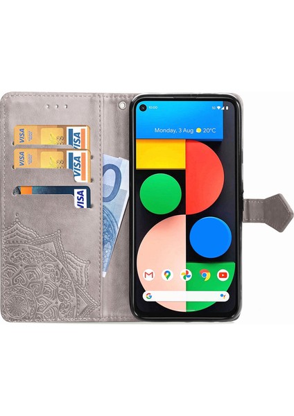 Google Pixel 5 ile Uyumlu El Standı Fonksiyonlu Cüzdan Kabartmalı Pu Deri Kart Tutucu (Yurt Dışından)