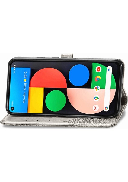Google Pixel 5 ile Uyumlu El Standı Fonksiyonlu Cüzdan Kabartmalı Pu Deri Kart Tutucu (Yurt Dışından)