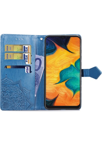 Samsung Galaxy A30/A20 ile Uyumlu El Standı Fonksiyonlu Cüzdan Kabartmalı Pu Deri Kart Tutucu (Yurt Dışından)