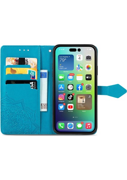 iPhone 14 Pro Max ile Uyumlu El Standı Fonksiyonlu Cüzdan Kabartmalı Pu Deri Kart Tutucu (Yurt Dışından)