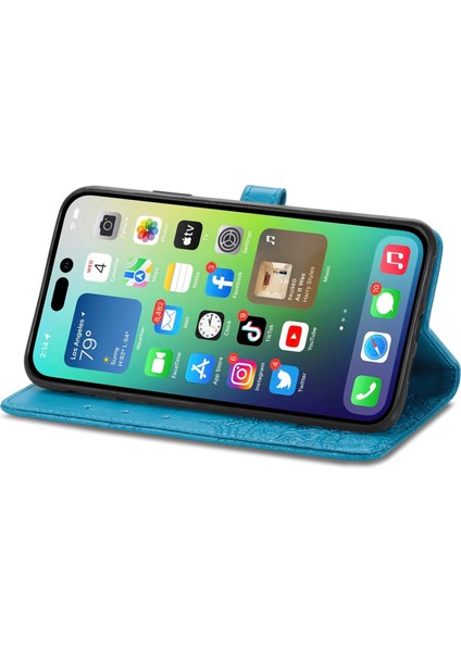 iPhone 14 Pro Max ile Uyumlu El Standı Fonksiyonlu Cüzdan Kabartmalı Pu Deri Kart Tutucu (Yurt Dışından)