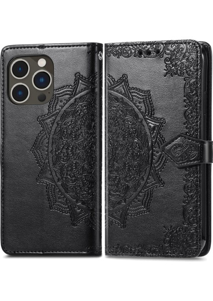 iPhone 14 Pro Max ile Uyumlu El Standı Fonksiyonlu Cüzdan Kabartmalı Pu Deri Kart Tutucu (Yurt Dışından)