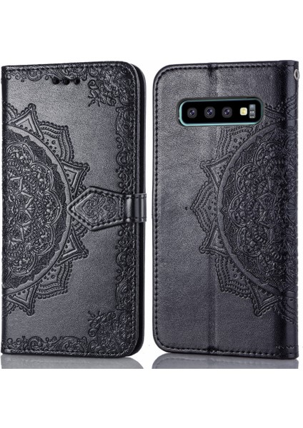 Samsung Galaxy S10 Plus ile Uyumlu El Standı Fonksiyonlu Cüzdan Kabartmalı Pu Deri Kart Tutucu (Yurt Dışından)
