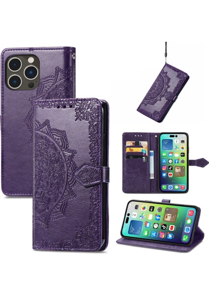 iPhone 14 Pro ile Uyumlu El Standı Fonksiyonlu Cüzdan Kabartmalı Pu Deri Kart Tutucu (Yurt Dışından)
