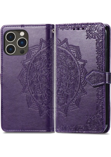iPhone 14 Pro ile Uyumlu El Standı Fonksiyonlu Cüzdan Kabartmalı Pu Deri Kart Tutucu (Yurt Dışından)