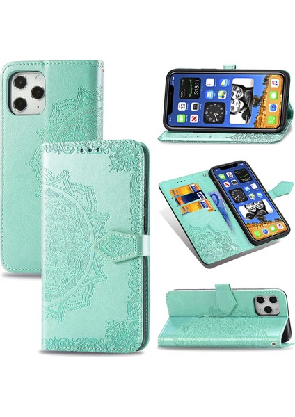 iPhone 12 Pro Max ile Uyumlu El Standı Fonksiyonlu Cüzdan Kabartmalı Pu Deri Kart Tutucu (Yurt Dışından)