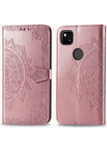 Google Pixel 4A ile Uyumlu El Standı Fonksiyonlu Cüzdan Kabartmalı Pu Deri Kart Tutucu (Yurt Dışından)