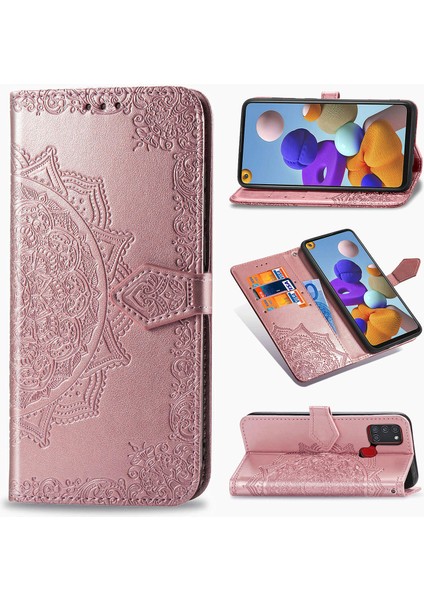 Samsung Galaxy A21S ile Uyumlu El Standı Fonksiyonlu Cüzdan Kabartmalı Pu Deri Kart Tutucu (Yurt Dışından)