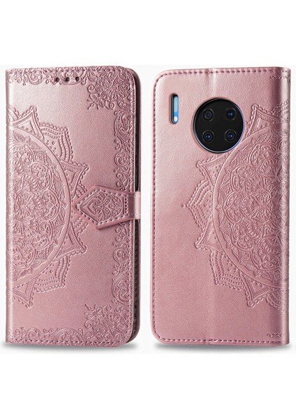 Huawei Mate 30 Pro ile Uyumlu El Standı Fonksiyonlu Cüzdan Kabartmalı Pu Deri Kart Tutucu (Yurt Dışından)