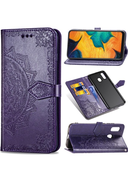 Samsung Galaxy A30/A20 ile Uyumlu El Standı Fonksiyonlu Cüzdan Kabartmalı Pu Deri Kart Tutucu (Yurt Dışından)