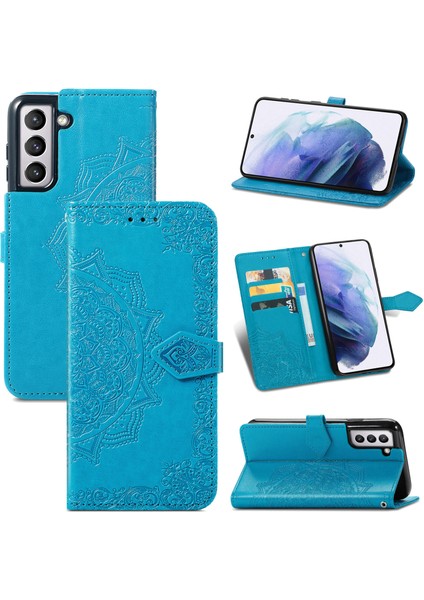 Samsung Galaxy S21 ile Uyumlu El Standı Fonksiyonlu Cüzdan Kabartmalı Pu Deri Kart Tutucu (Yurt Dışından)
