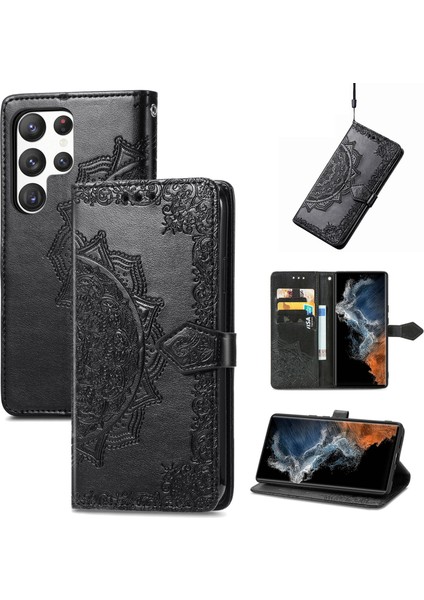 Samsung Galaxy S23 Ultra ile Uyumlu El Standı Fonksiyonlu Cüzdan Kabartmalı Pu Deri Kart Tutucu (Yurt Dışından)
