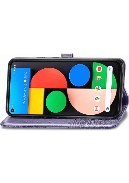 Google Pixel 5 ile Uyumlu El Standı Fonksiyonlu Cüzdan Kabartmalı Pu Deri Kart Tutucu (Yurt Dışından)