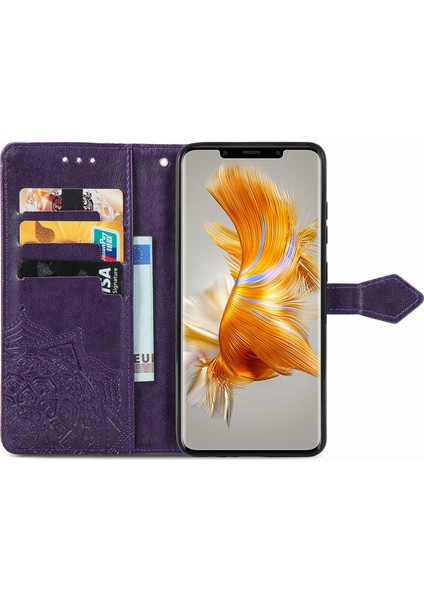 Yihang Boutique Huawei Mate 50 Pro ile Uyumlu El Standı Fonksiyonlu Cüzdan Kabartmalı Pu Deri Kart Tutucu (Yurt Dışından)