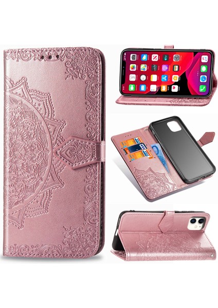 iPhone 11 ile Uyumlu El Standı Fonksiyonlu Cüzdan Kabartmalı Pu Deri Kart Tutucu (Yurt Dışından)
