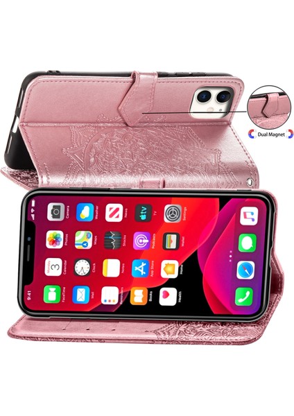 iPhone 11 ile Uyumlu El Standı Fonksiyonlu Cüzdan Kabartmalı Pu Deri Kart Tutucu (Yurt Dışından)