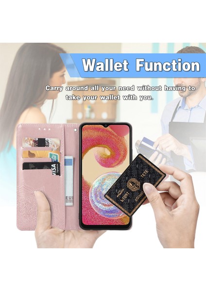 Samsung Galaxy A04E ile Uyumlu El Standı Fonksiyonlu Cüzdan Kabartmalı Pu Deri Kart Tutucu (Yurt Dışından)