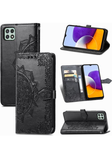 Samsung Galaxy A22 5g ile Uyumlu El Standı Fonksiyonlu Cüzdan Kabartmalı Pu Deri Kart Tutucu (Yurt Dışından)