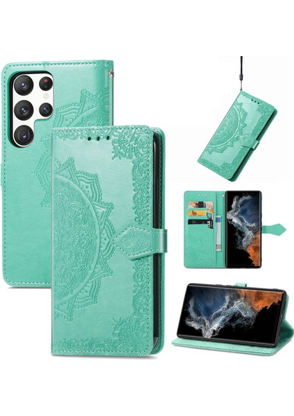 Samsung Galaxy S23 Ultra ile Uyumlu El Standı Fonksiyonlu Cüzdan Kabartmalı Pu Deri Kart Tutucu (Yurt Dışından)