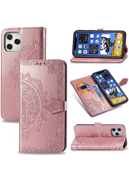 iPhone 12 Pro Max ile Uyumlu El Standı Fonksiyonlu Cüzdan Kabartmalı Pu Deri Kart Tutucu (Yurt Dışından)