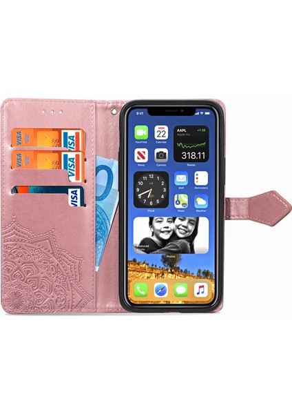 iPhone 12 Pro Max ile Uyumlu El Standı Fonksiyonlu Cüzdan Kabartmalı Pu Deri Kart Tutucu (Yurt Dışından)