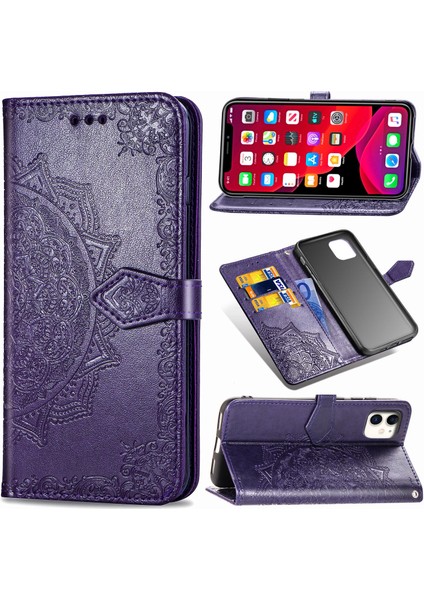 iPhone 11 ile Uyumlu El Standı Fonksiyonlu Cüzdan Kabartmalı Pu Deri Kart Tutucu (Yurt Dışından)