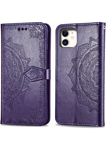 iPhone 11 ile Uyumlu El Standı Fonksiyonlu Cüzdan Kabartmalı Pu Deri Kart Tutucu (Yurt Dışından)