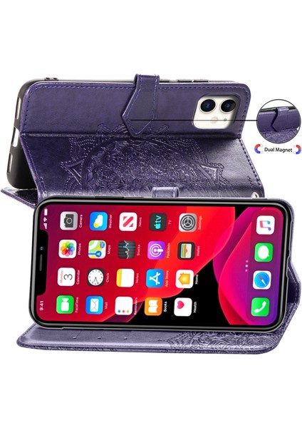iPhone 11 ile Uyumlu El Standı Fonksiyonlu Cüzdan Kabartmalı Pu Deri Kart Tutucu (Yurt Dışından)