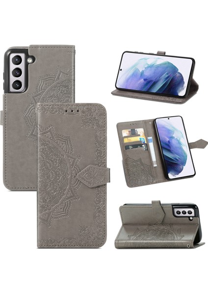 Samsung Galaxy S21 ile Uyumlu El Standı Fonksiyonlu Cüzdan Kabartmalı Pu Deri Kart Tutucu (Yurt Dışından)