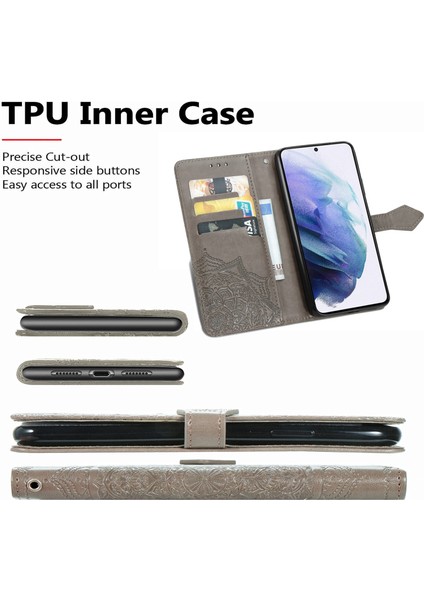 Samsung Galaxy S21 ile Uyumlu El Standı Fonksiyonlu Cüzdan Kabartmalı Pu Deri Kart Tutucu (Yurt Dışından) modelleri