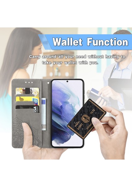 Samsung Galaxy S21 ile Uyumlu El Standı Fonksiyonlu Cüzdan Kabartmalı Pu Deri Kart Tutucu (Yurt Dışından) fırsatları